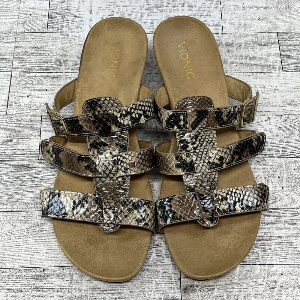 Vionic 381 Radia Snakeskin Leather Buckle Wedge Casual Sandals Women‎ Size 10